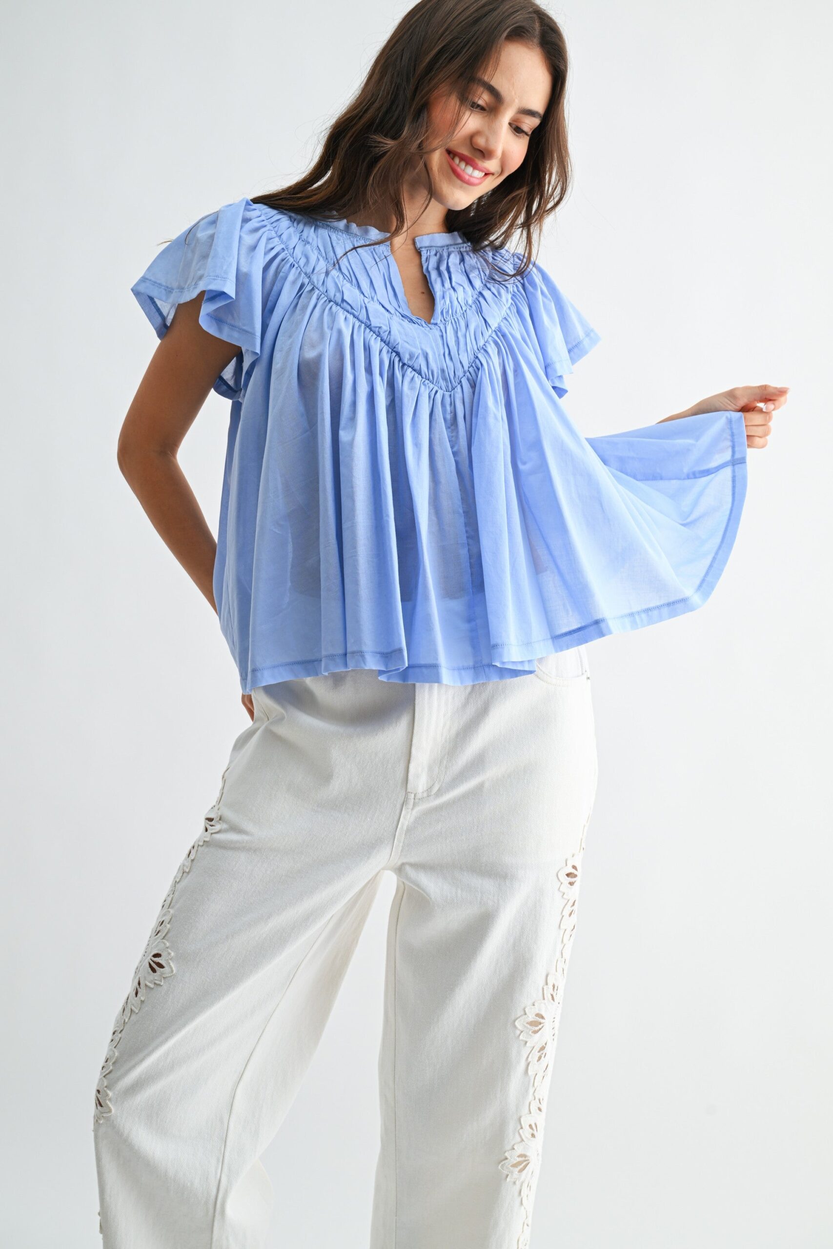 Flutter Sleeve Gathered Neck Detail Blouse